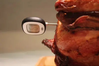 A device is used to check the internal temperature of a cooked chicken