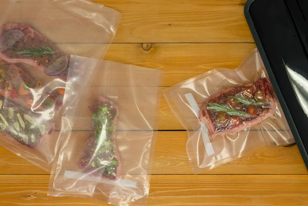 Small pieces of seasoned meat packed in a plastic bag
